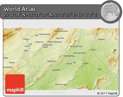 Physical 3D Map of the Area around 26° 21' 4" N, 65° 31' 30" E