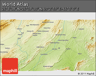 Physical 3D Map of the Area around 26° 21' 4" N, 65° 31' 30" E