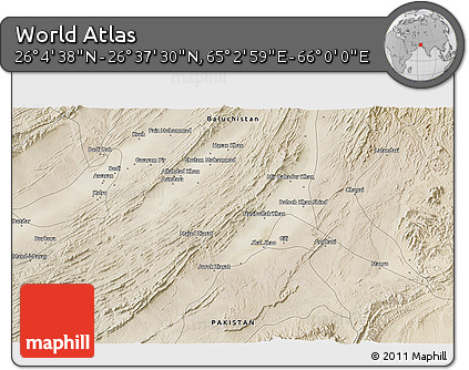 Satellite 3D Map of the Area around 26° 21' 4" N, 65° 31' 30" E