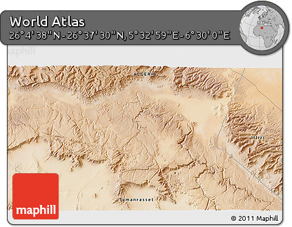Satellite 3D Map of the Area around 26° 21' 4" N, 6° 1' 30" E