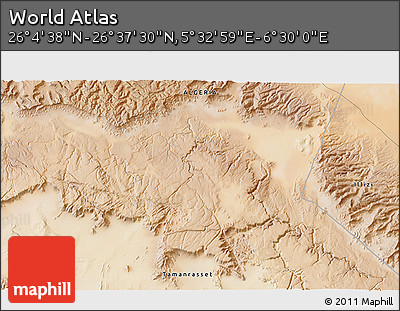 Satellite 3D Map of the Area around 26° 21' 4" N, 6° 1' 30" E