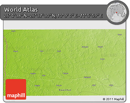 Physical 3D Map of the Area around 26° 21' 4" N, 70° 37' 30" E