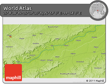Physical 3D Map of the Area around 26° 21' 4" N, 77° 25' 30" E