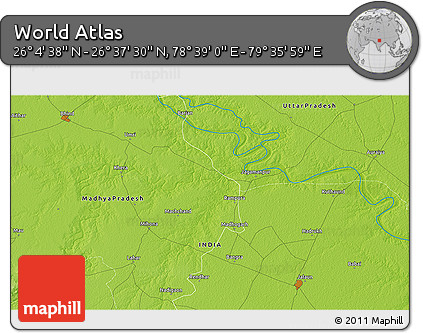 Physical 3D Map of the Area around 26° 21' 4" N, 79° 7' 30" E