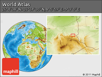 Physical Location Map of the Area around 26° 21' 4" N, 8° 34' 29" E