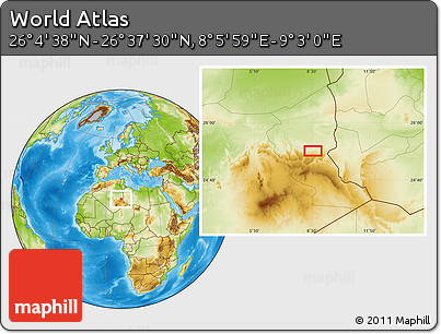 Physical Location Map of the Area around 26° 21' 4" N, 8° 34' 29" E