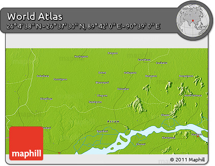 Physical 3D Map of the Area around 26° 21' 4" N, 90° 10' 30" E