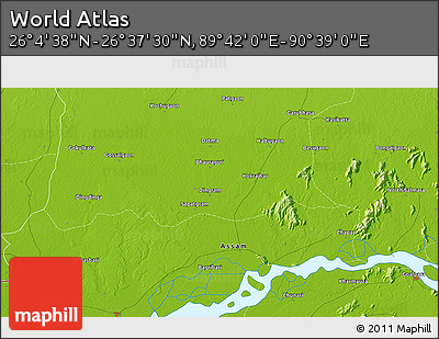 Physical 3D Map of the Area around 26° 21' 4" N, 90° 10' 30" E