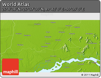 Physical 3D Map of the Area around 26° 21' 4" N, 90° 10' 30" E