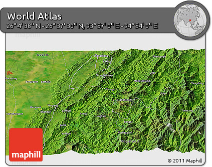 Satellite 3D Map of the Area around 26° 21' 4" N, 94° 25' 30" E