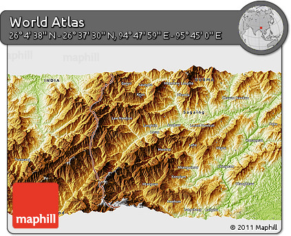 Physical 3D Map of the Area around 26° 21' 4" N, 95° 16' 30" E