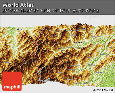 Physical 3D Map of the Area around 26° 21' 4" N, 95° 16' 30" E