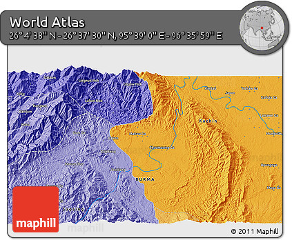 Political 3D Map of the Area around 26° 21' 4" N, 96° 7' 30" E
