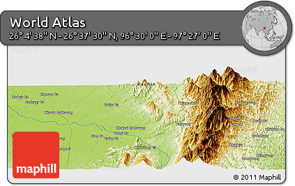 Physical Panoramic Map of the Area around 26° 21' 4" N, 96° 58' 29" E