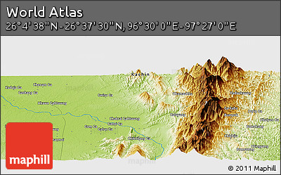 Physical Panoramic Map of the Area around 26° 21' 4" N, 96° 58' 29" E