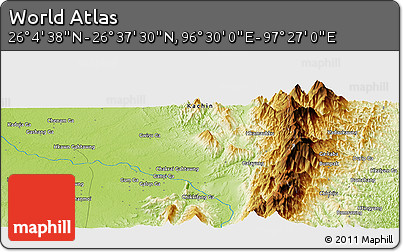 Physical Panoramic Map of the Area around 26° 21' 4" N, 96° 58' 29" E