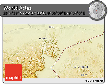 Physical 3D Map of the Area around 26° 21' 4" N, 9° 25' 30" E