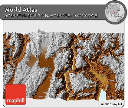 Physical 3D Map of the Area around 26° 50' 27" N, 100° 22' 30" E