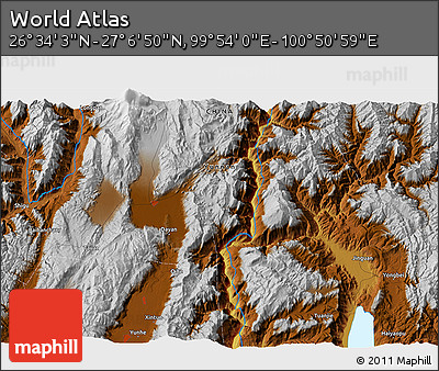 Physical 3D Map of the Area around 26° 50' 27" N, 100° 22' 30" E
