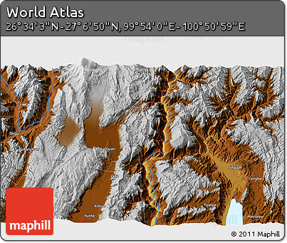 Physical 3D Map of the Area around 26° 50' 27" N, 100° 22' 30" E