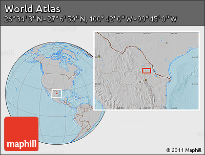 Gray Location Map of the Area around 26° 50' 27" N, 100° 13' 29" W, hill shading
