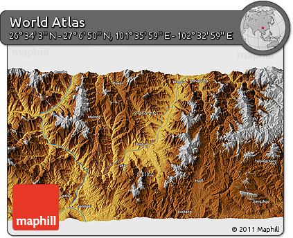 Physical 3D Map of the Area around 26° 50' 27" N, 102° 4' 29" E