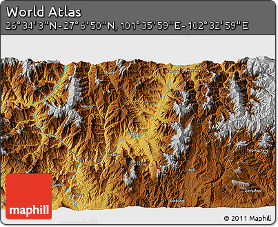 Physical 3D Map of the Area around 26° 50' 27" N, 102° 4' 29" E