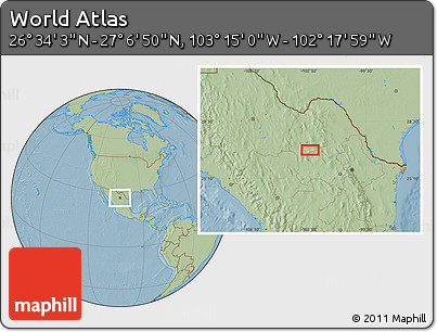 Savanna Style Location Map of the Area around 26° 50' 27" N, 102° 46' 30" W, hill shading