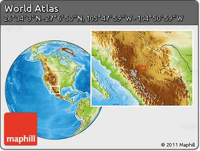 Physical Location Map of the Area around 26° 50' 27" N, 105° 19' 29" W