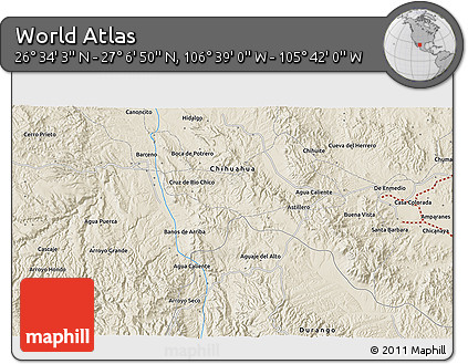 Shaded Relief 3D Map of the Area around 26° 50' 27" N, 106° 10' 30" W