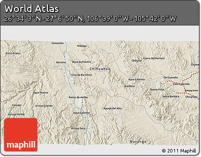 Shaded Relief 3D Map of the Area around 26° 50' 27" N, 106° 10' 30" W