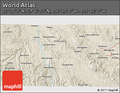 Shaded Relief 3D Map of the Area around 26° 50' 27" N, 106° 10' 30" W