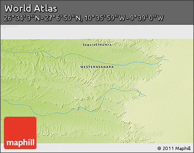 Physical 3D Map of the Area around 26° 50' 27" N, 10° 7' 30" W