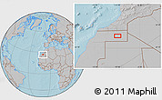 Gray Location Map of the area around 26° 50' 27" N, 10° 7' 30" W, hill shading