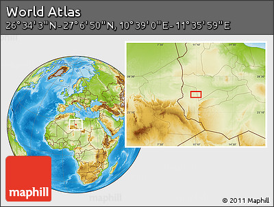 Physical Location Map of the Area around 26° 50' 27" N, 11° 7' 30" E