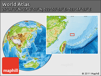 Physical Location Map of the Area around 26° 50' 27" N, 123° 19' 29" E