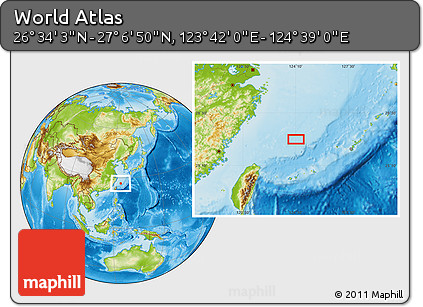Physical Location Map of the Area around 26° 50' 27" N, 124° 10' 30" E
