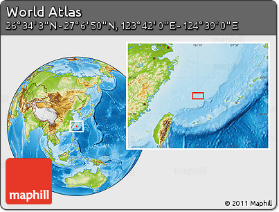 Physical Location Map of the Area around 26° 50' 27" N, 124° 10' 30" E