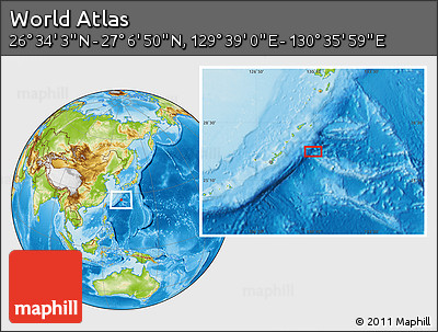 Physical Location Map of the Area around 26° 50' 27" N, 130° 7' 30" E