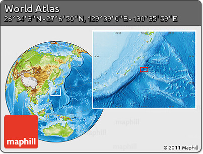 Physical Location Map of the Area around 26° 50' 27" N, 130° 7' 30" E