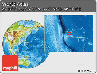 Physical Location Map of the Area around 26° 50' 27" N, 144° 34' 29" E