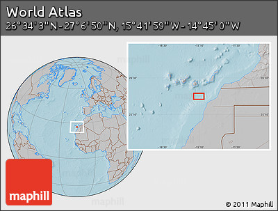 Gray Location Map of the Area around 26° 50' 27" N, 15° 13' 29" W, hill shading