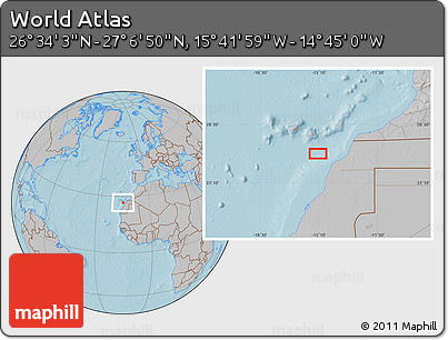 Gray Location Map of the Area around 26° 50' 27" N, 15° 13' 29" W, hill shading