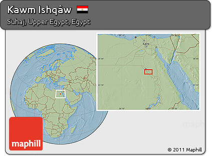 Savanna Style Location Map of Kawm Ishqâw, hill shading