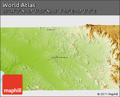 Physical 3D Map of the Area around 26° 50' 27" N, 36° 37' 30" E