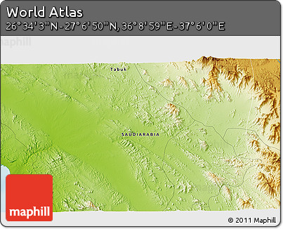 Physical 3D Map of the Area around 26° 50' 27" N, 36° 37' 30" E