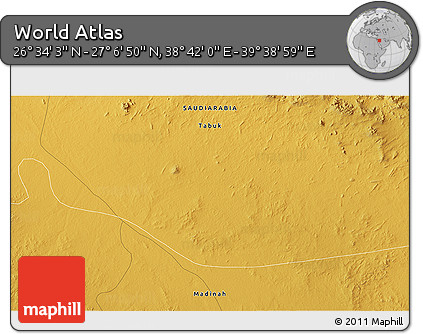 Physical 3D Map of the Area around 26° 50' 27" N, 39° 10' 29" E
