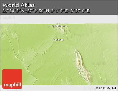 Physical 3D Map of the Area around 26° 50' 27" N, 3° 28' 30" E