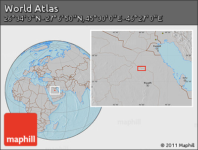 Gray Location Map of the Area around 26° 50' 27" N, 45° 58' 30" E, hill shading