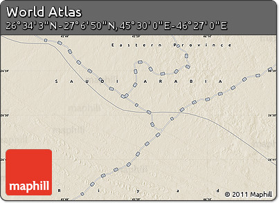 Shaded Relief Map of the Area around 26° 50' 27" N, 45° 58' 30" E